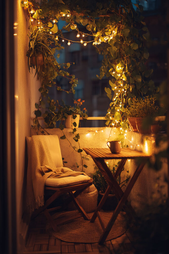 Small balcony café nook with string lights, climbing vines, bistro table, cozy chair, and warm evening ambiance.