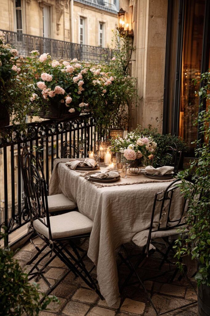 French balcony outdoor dining table with linen tablecloth, candles, flowers, wrought iron chairs, and romantic Parisian decor