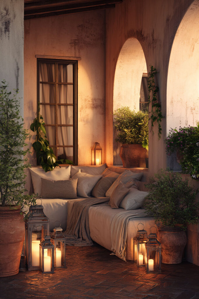 Mediterranean balcony with candle lanterns, cozy outdoor daybed, terracotta planters, arched stucco walls, and warm evening lighting.