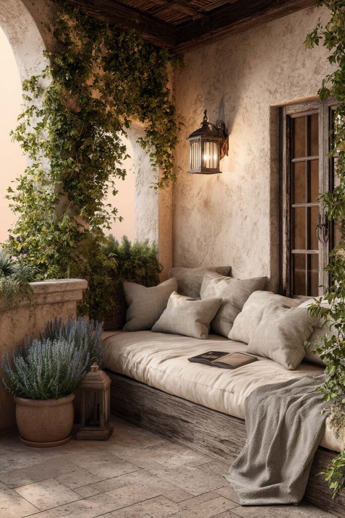 Mediterranean balcony with lavender, climbing vines, built-in daybed seating, linen cushions, lantern lighting, and lush greenery creating a resort-inspired retreat.