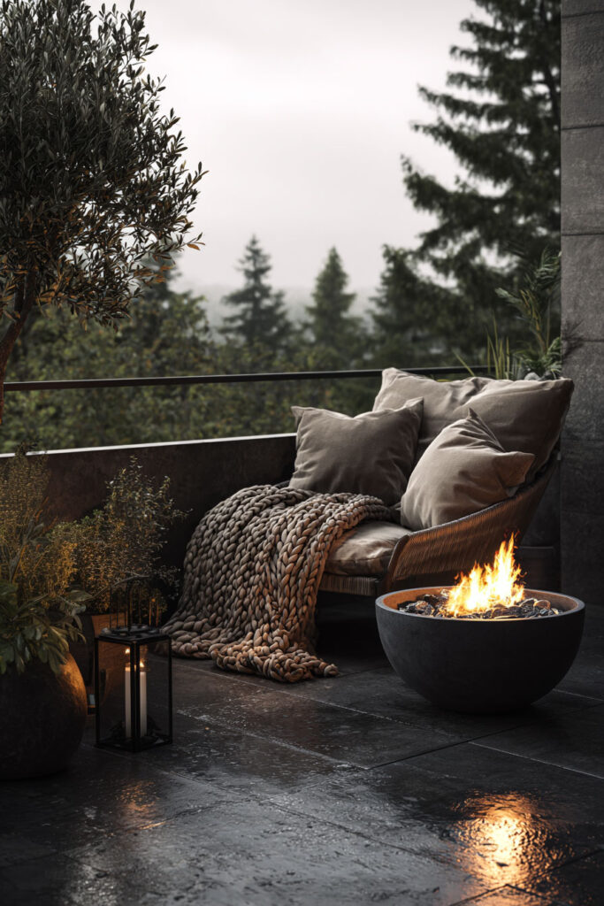 This moody balcony retreat combines cozy seating, a warm fire bowl, lantern candlelight, and soft layered textiles for the perfect outdoor escape. Rain-soaked flooring reflects the glow of the fire, creating a relaxing atmosphere made for slow evenings outdoors.