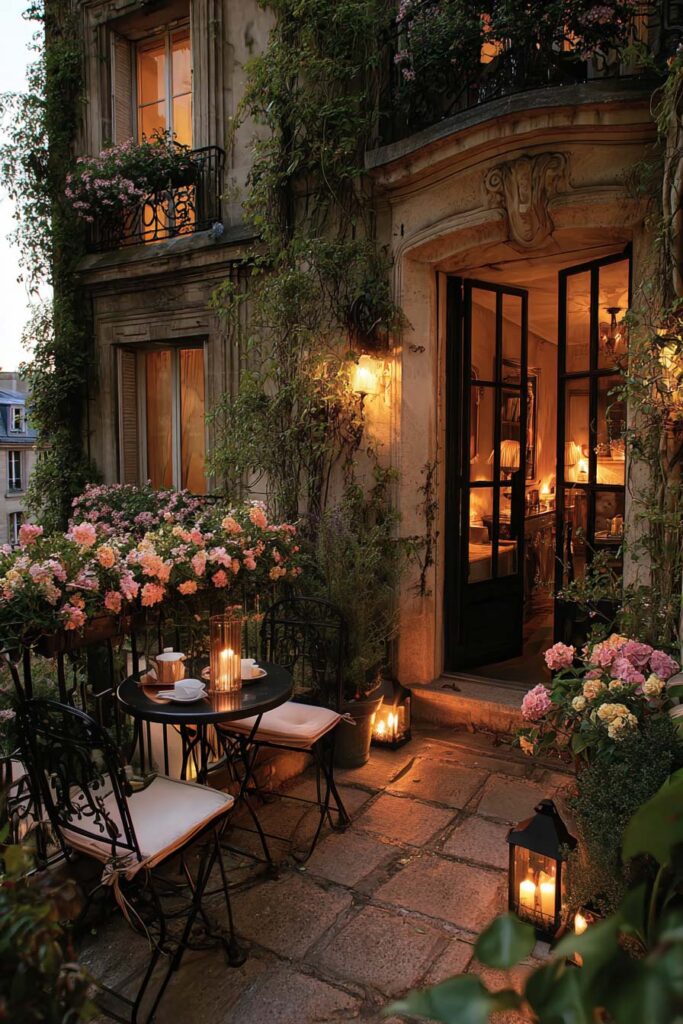 Paris balcony at dusk with lanterns, flower-filled railings, climbing vines, wrought iron bistro furniture, historic stone architecture, and hidden garden styling creating a romantic outdoor retreat.