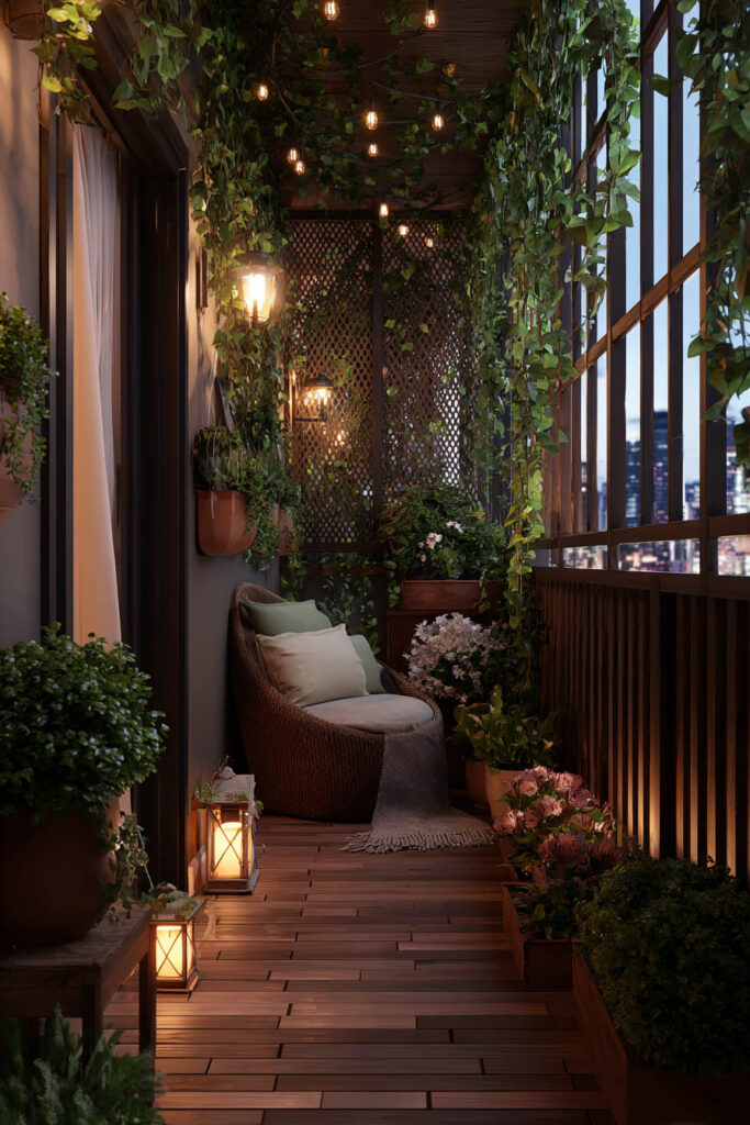 Private enclosed balcony with climbing plants, privacy screen, cozy chair, lantern lighting, and lush greenery creating a romantic retreat