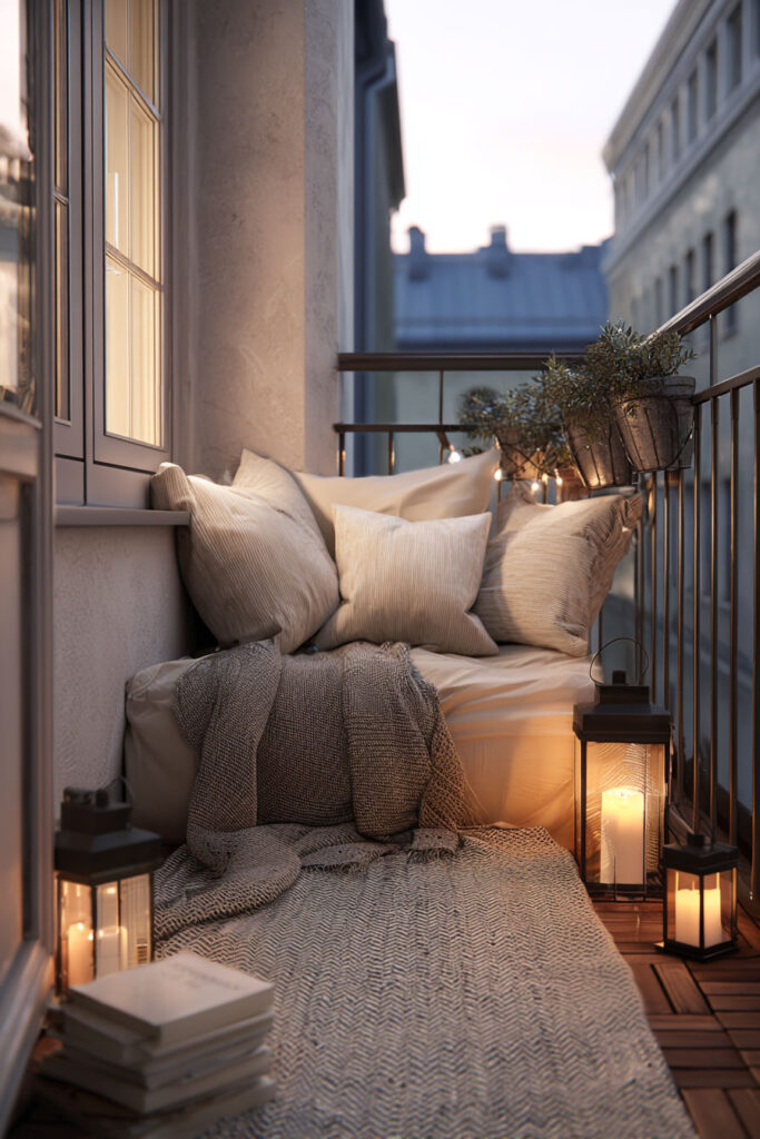 Small romantic balcony with cozy floor seating, soft pillows, lantern candlelight, blankets, and warm evening ambiance.