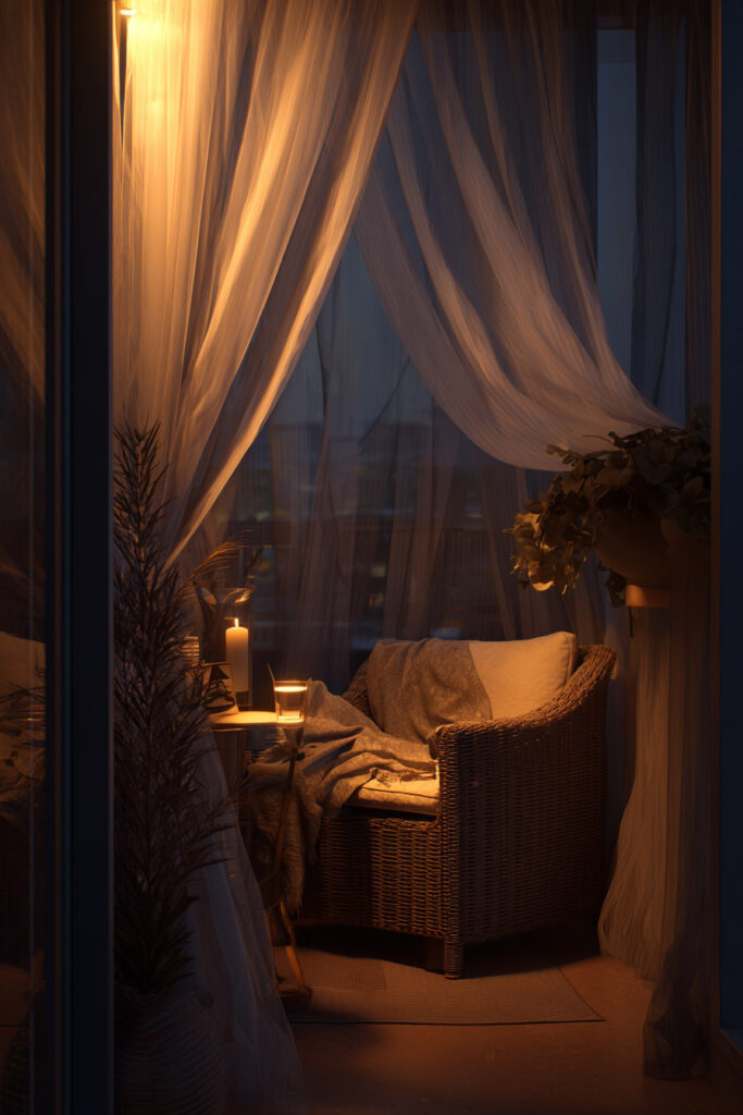Romantic balcony with sheer curtains, wicker chair, candlelight, soft throw blanket, warm ambient lighting, and cozy nighttime seating area.