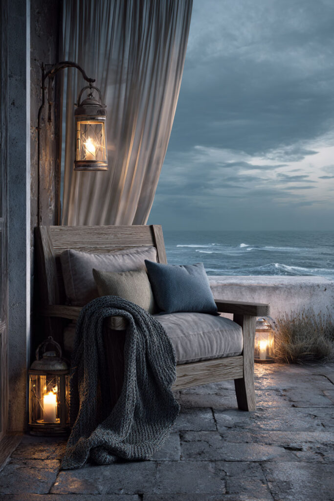 Romantic moody coastal balcony with lantern candlelight, cozy armchair, knit throw, ocean view, and stormy sky
