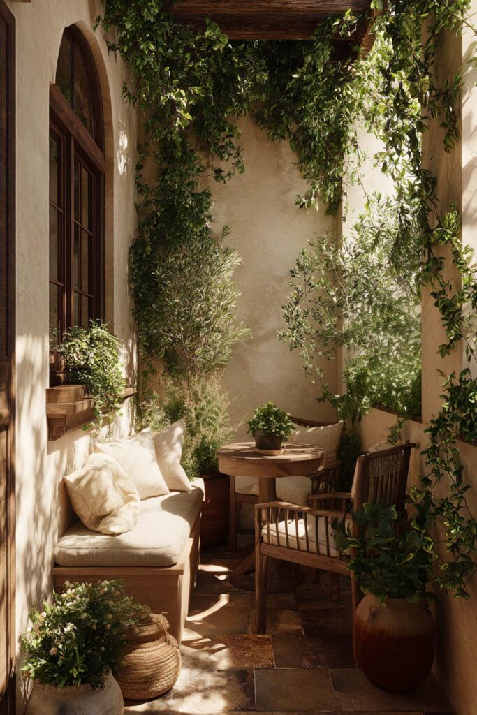 Small Mediterranean balcony with built-in bench, wooden café table, climbing vines, terracotta planters, olive trees, and cozy garden-inspired outdoor seating.