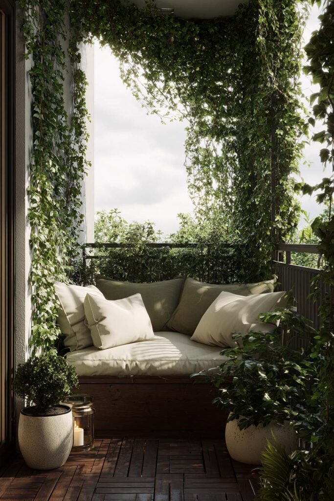 Small private balcony with built-in cushioned bench, climbing vines, lush greenery, neutral outdoor decor, and cozy apartment balcony styling.
