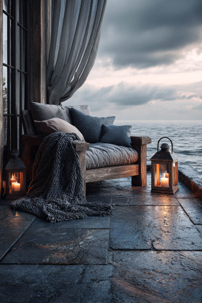 Stormy coastal balcony with cozy outdoor chair, lantern candlelight, ocean views, soft textiles, and a moody evening atmosphere.