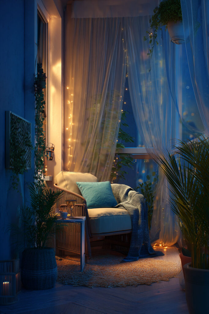 Cozy balcony with sheer curtains, fairy lights, wicker chair, potted plants, and warm evening ambiance.