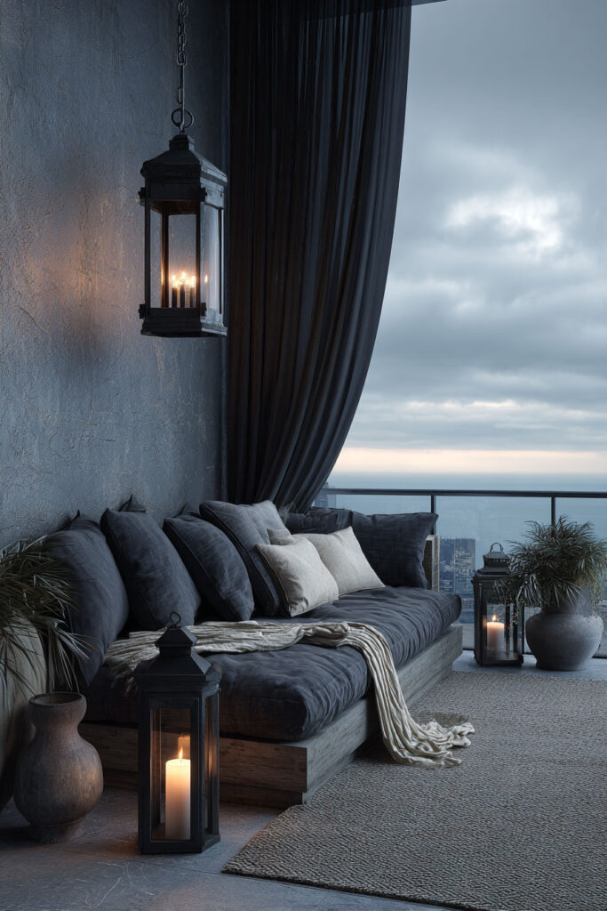 Dark coastal apartment balcony with lantern candlelight, deep blue cushions, flowing curtains, ocean views, and a cozy moody atmosphere.