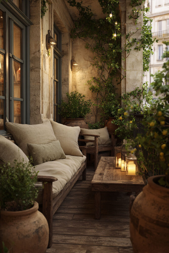 French balcony with aged wood furniture, stone walls, terracotta pots, candle lanterns, climbing greenery, and Parisian-inspired decor