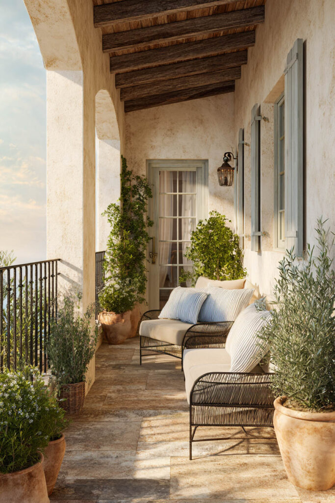 Mediterranean balcony with striped cushions, wrought iron chairs, terracotta planters, wall lantern, wood beams, and coastal-inspired outdoor seating.