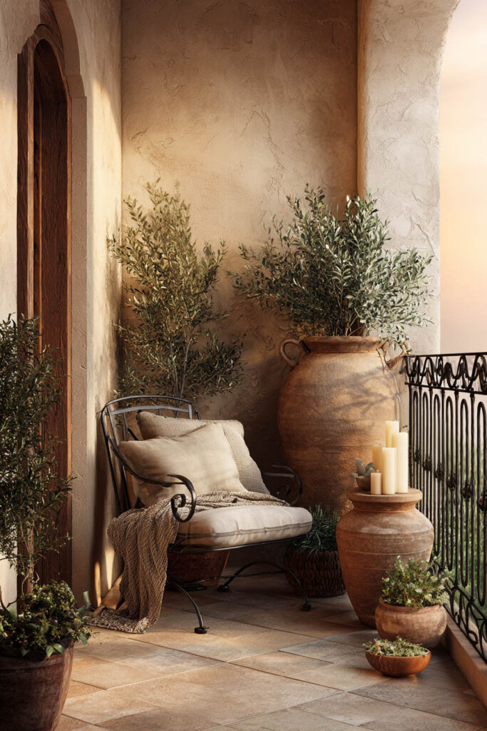 Mediterranean balcony with olive trees, oversized terracotta urns, cozy outdoor chair, candles, and warm neutral decor creating a resort-inspired retreat.