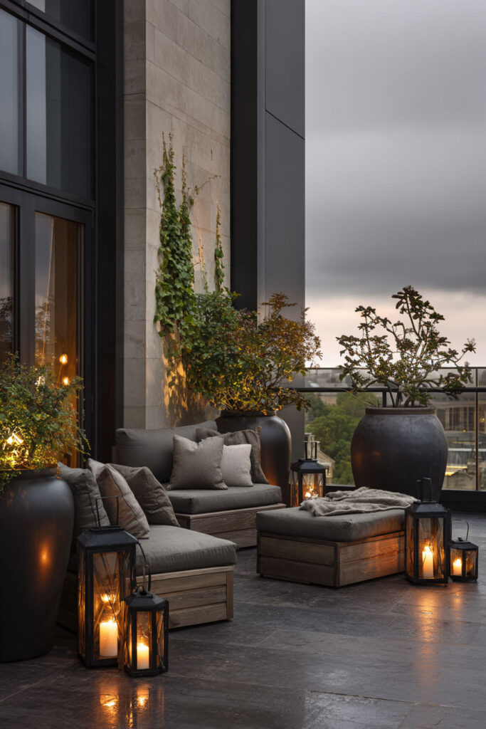 Moody balcony lounge with lantern candles, neutral outdoor seating, large planters, blue hour sky, and warm evening lighting.