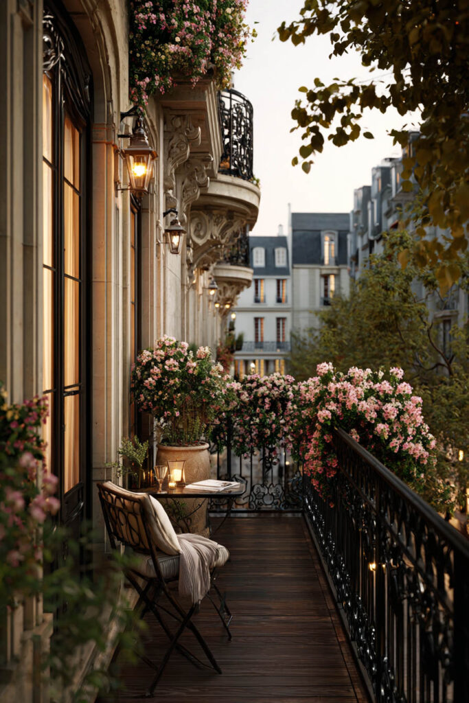 Paris balcony with pink flower boxes, wrought iron railing, lantern lighting, bistro seating, and historic architecture creating a romantic hidden garden retreat at dusk.