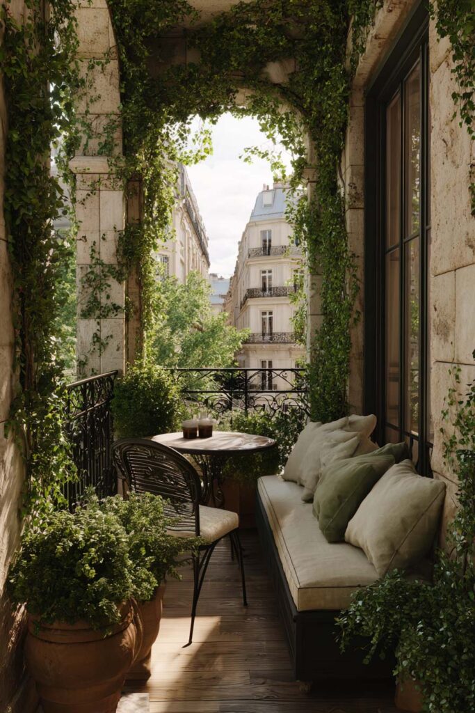 Private Parisian balcony with built-in bench seating, climbing vines, lush greenery, wrought iron railing, and cozy outdoor living area.