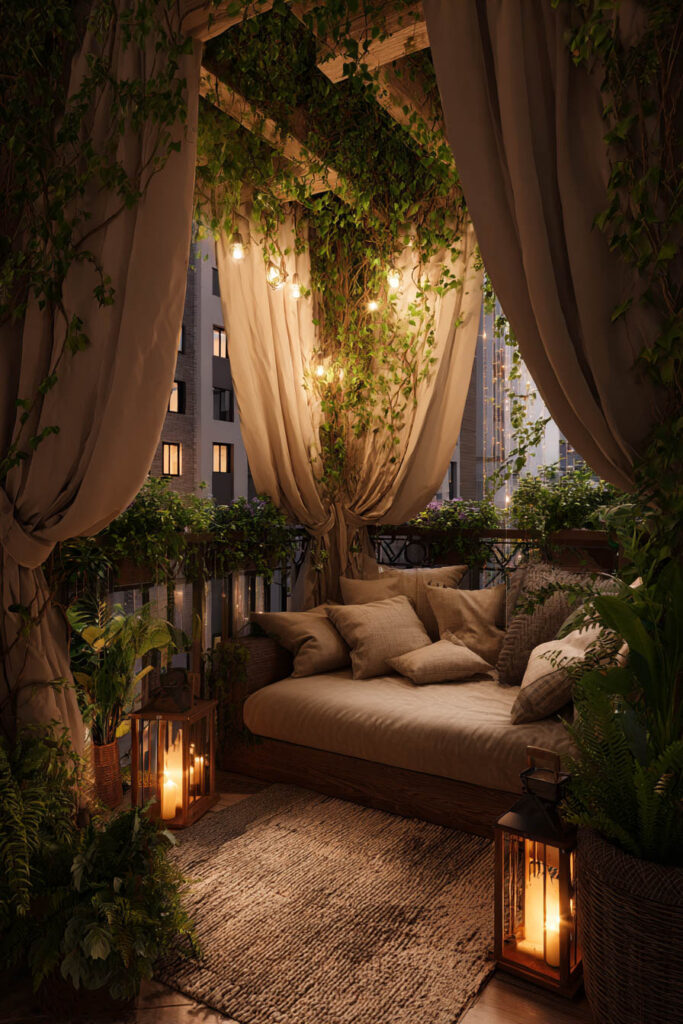 Private romantic balcony with flowing curtains, climbing vines, lantern lighting, cozy daybed seating, and lush greenery creating a secluded outdoor retreat