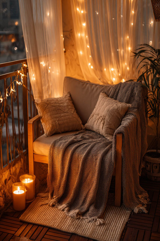 Romantic balcony chair with fairy lights, candles, cozy knit throw blanket, sheer curtains, and warm ambient lighting creating a dreamy outdoor retreat.