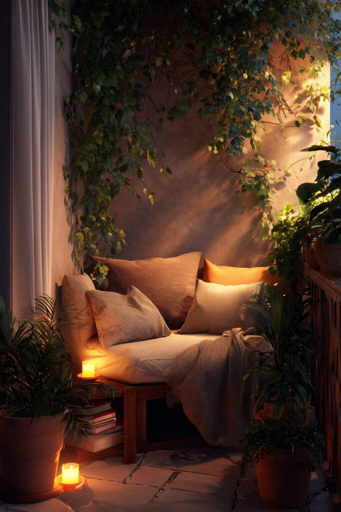 Romantic balcony with cozy bench seating, candlelight, books, soft cushions, and greenery creating a warm and inviting evening retreat.