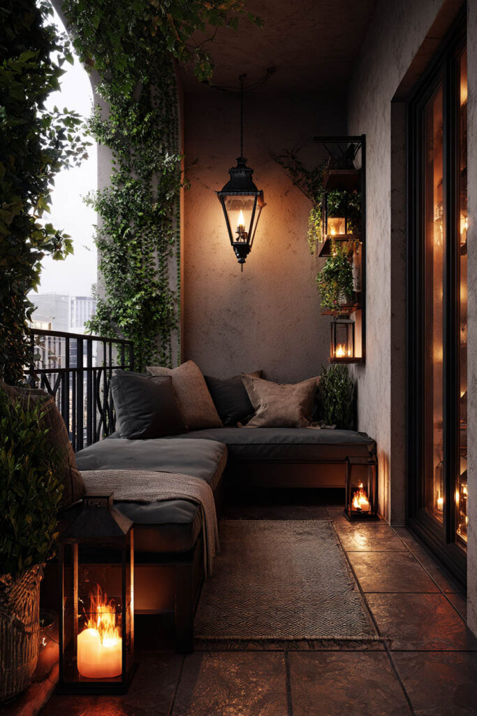 Romantic moody balcony with firelight lanterns, cozy sectional seating, candlelight, climbing greenery, and warm evening ambiance