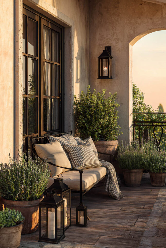 Small Mediterranean balcony with cushioned bench, terracotta lavender planters, black lanterns, warm stucco walls, and cozy outdoor retreat styling.