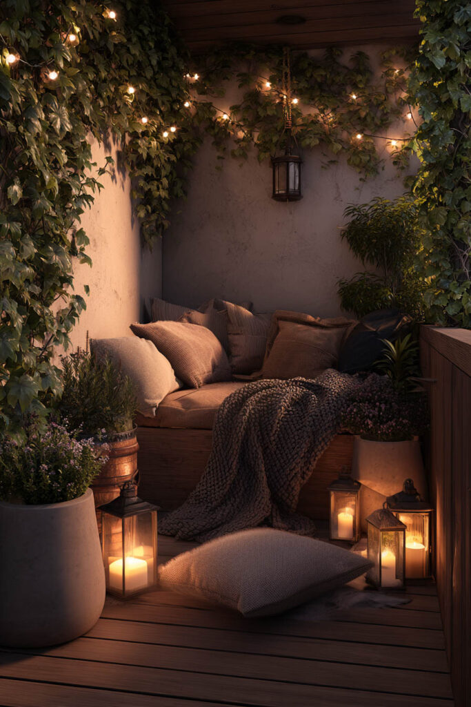 Cozy romantic balcony nook with string lights, lanterns, climbing ivy, layered cushions, knit blanket, and warm ambient lighting creating a private outdoor retreat.