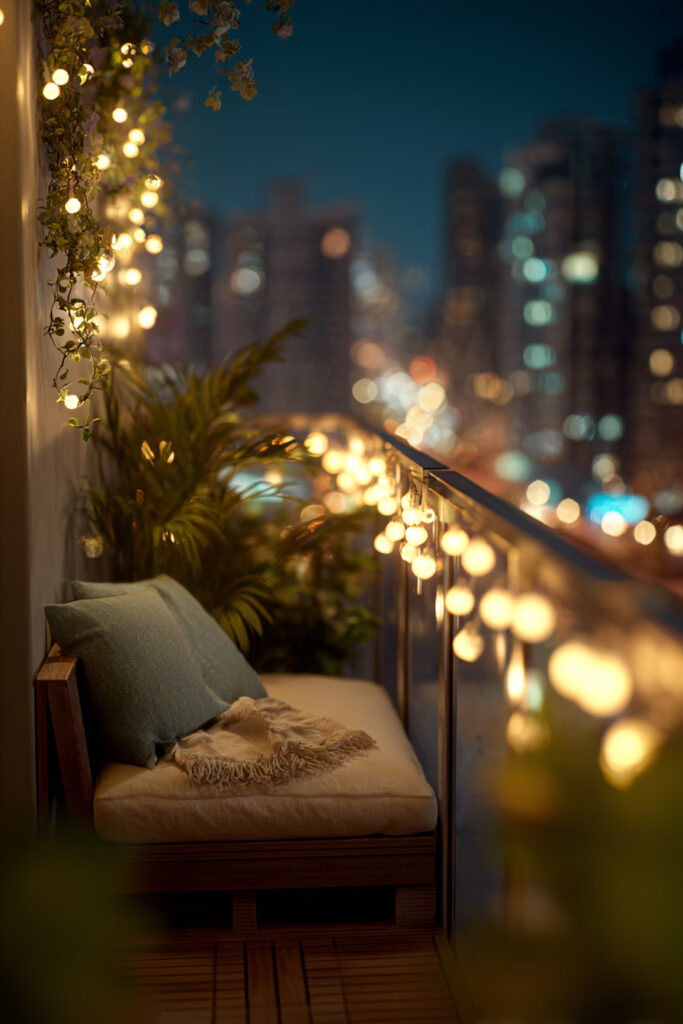 Narrow apartment balcony with globe string lights, wooden bench seating, plants, and city skyline at night.