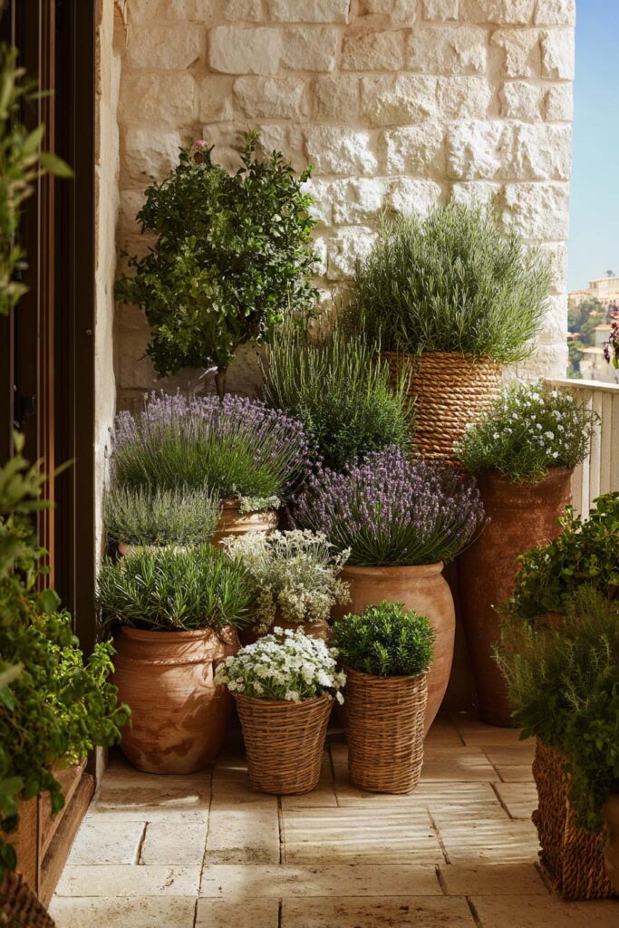 Mediterranean balcony herb garden with lavender, rosemary, terracotta pots, woven planters, and layered greenery creating a resort-like outdoor retreat.