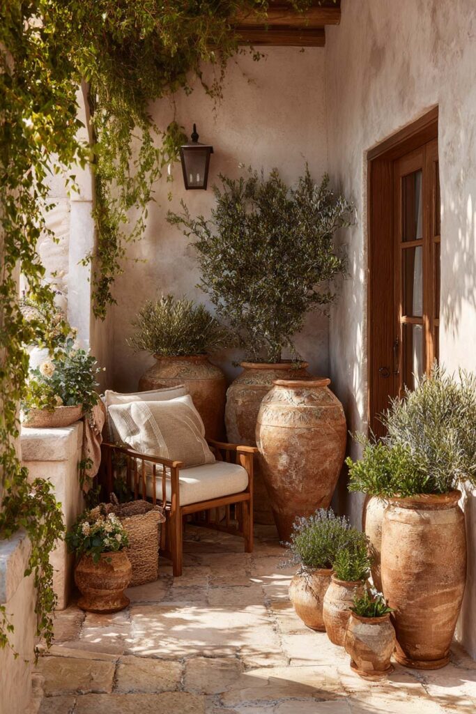 Mediterranean balcony with olive tree, lavender, climbing vines, and large terracotta pots surrounding a cozy outdoor chair in a resort-inspired setting.