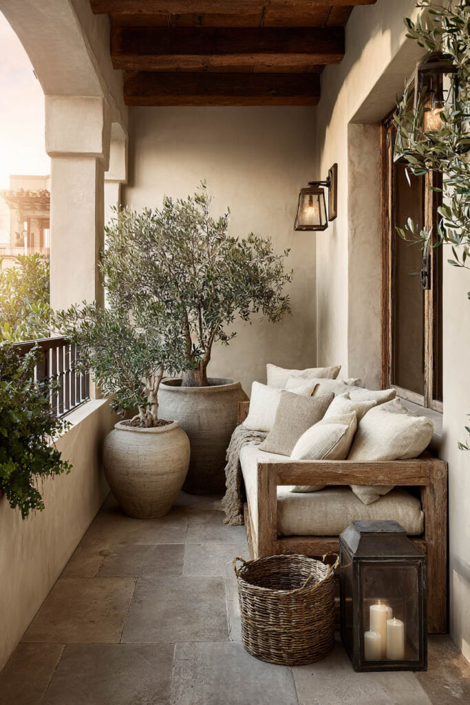 Mediterranean balcony with olive trees in large planters, linen outdoor sofa, candle lanterns, exposed wood beams, and warm neutral decor for summer evenings.
