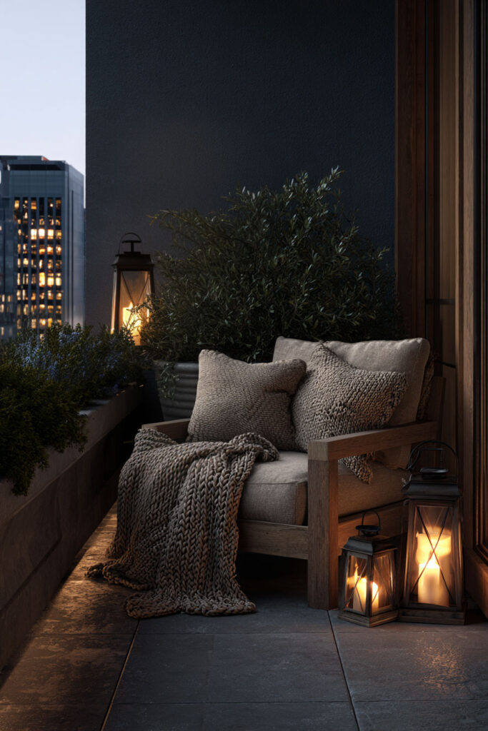 Moody balcony seating area with lantern candles, cozy armchair, knit throw blanket, potted greenery, and warm evening lighting.