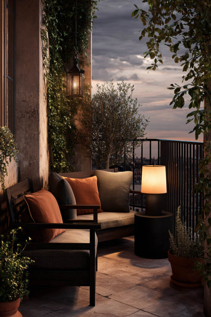 Moody apartment balcony with warm table lamp, cozy outdoor seating, climbing greenery, and dark evening ambiance.