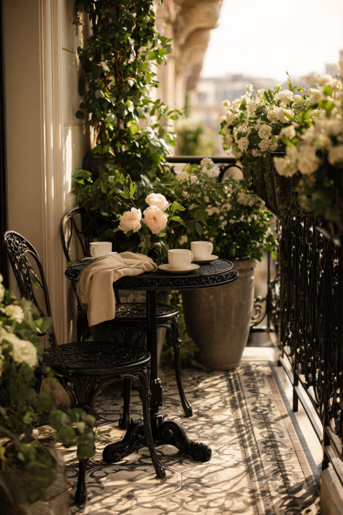 Narrow Paris balcony with black wrought iron bistro set, white roses, climbing vines, flower-filled railing planters, decorative tile flooring, and lush hidden garden styling.