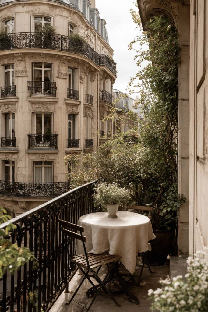 French balcony with linen-covered bistro table, wrought iron railing, climbing greenery, and classic Parisian apartment view