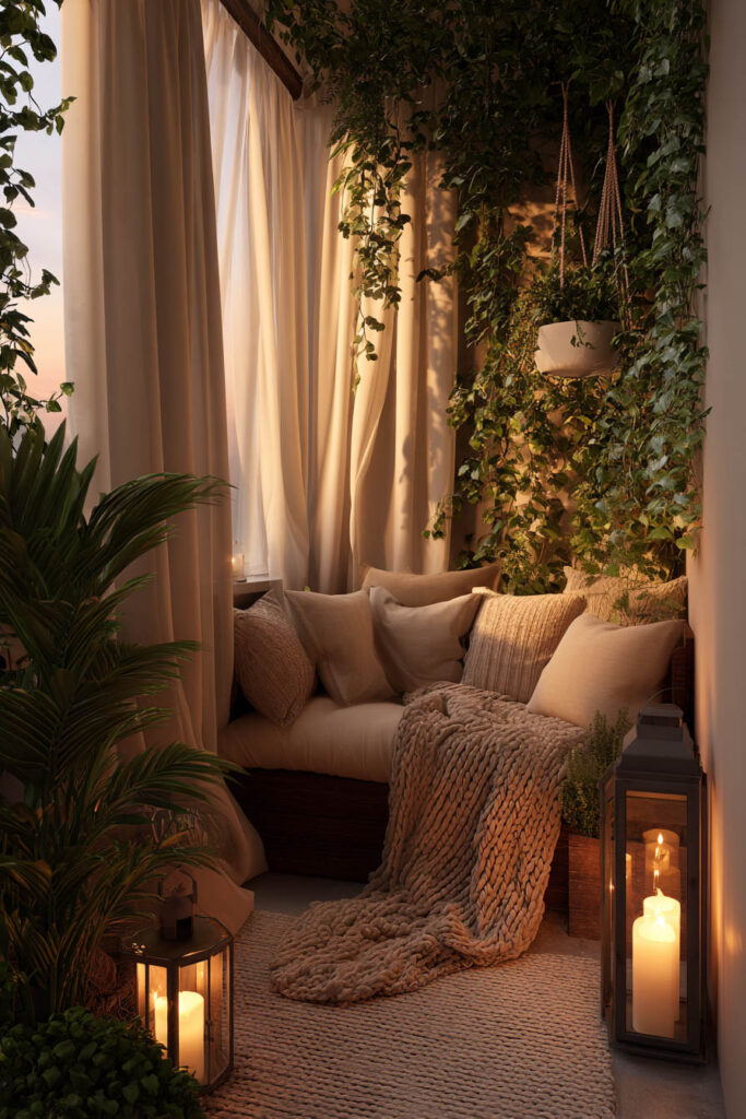Private romantic balcony with outdoor curtains, cozy seating, candle lanterns, lush greenery, and soft neutral decor creating an intimate retreat