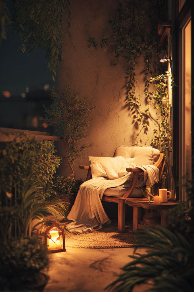 Romantic balcony seating area with lantern lighting, candles, cozy lounge chair, soft throw blanket, climbing plants, and warm ambient lighting at night.