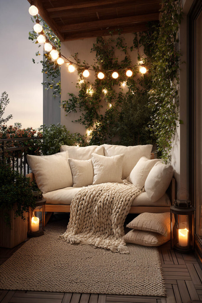 Romantic balcony with cozy outdoor sofa, string lights, lanterns, soft textiles, and climbing plants for intimate evening relaxation.