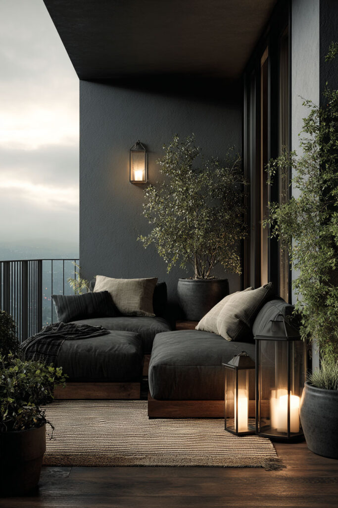 Romantic moody balcony with dark lounge seating, candle lanterns, potted plants, and cozy evening ambiance