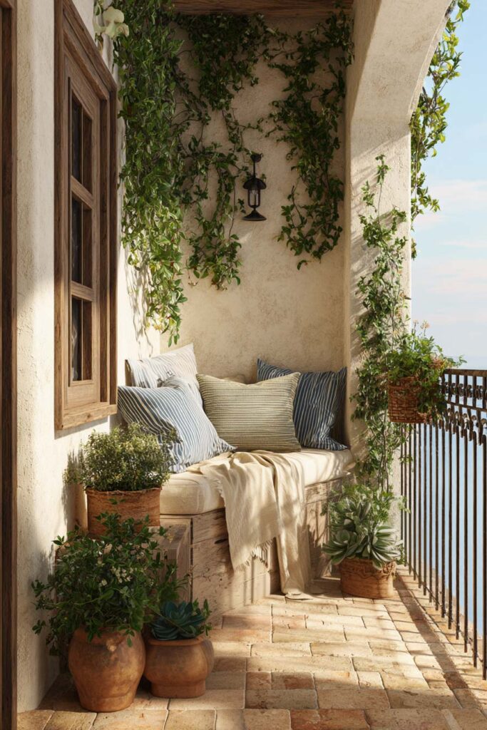 Small Mediterranean balcony with built-in wooden bench, terracotta pots, climbing vines, neutral cushions, wrought iron railing, and warm stone flooring.