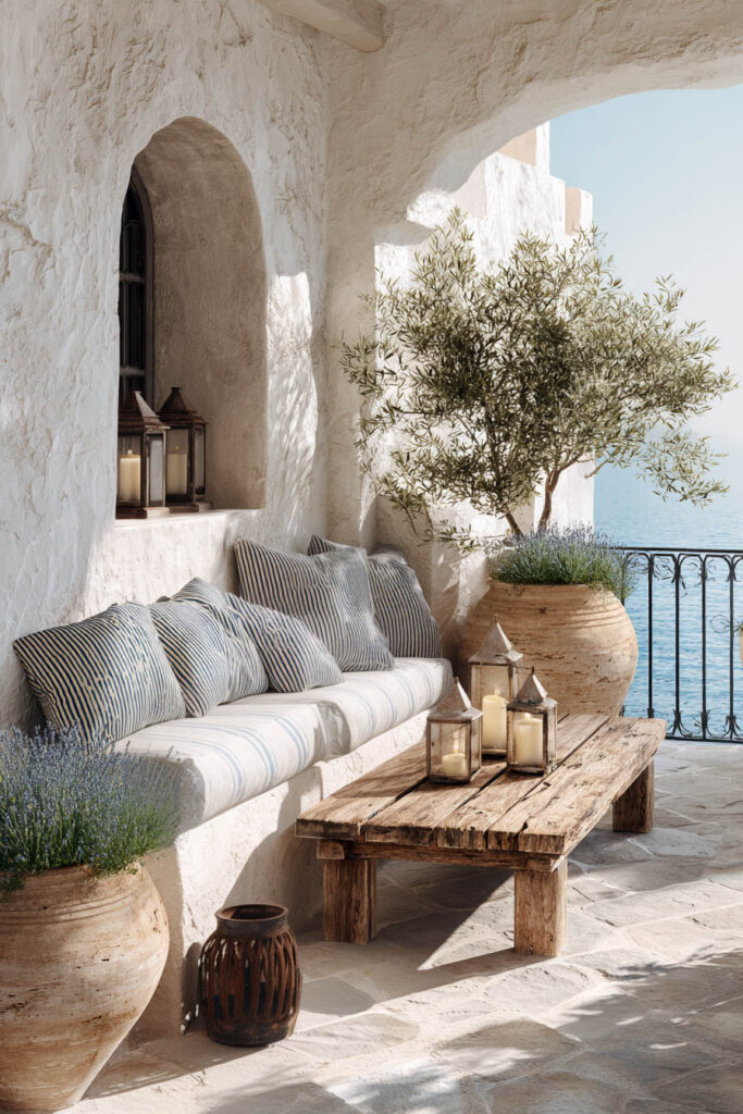 Mediterranean balcony with striped cushions, rustic wood coffee table, candle lanterns, olive tree, white stucco walls, and ocean view.