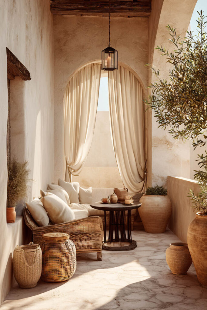 Mediterranean balcony with olive tree, linen curtains, wicker seating, terracotta pots, and cozy outdoor lounge area creating a resort-inspired retreat.