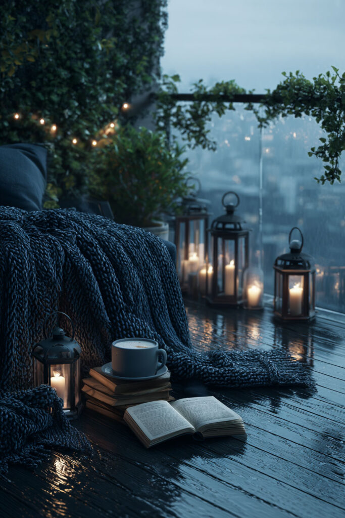 Moody blue hour balcony with candle lanterns, cozy knit blanket, books, coffee cup, rainy deck, and warm evening ambiance.