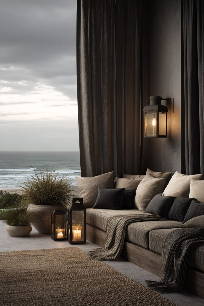 Moody coastal apartment balcony with lantern candlelight, layered cushions, ocean views, dark curtains, and cozy outdoor seating.