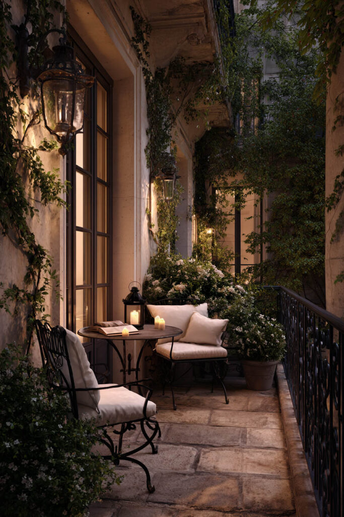 Paris balcony at dusk with lantern lighting, wrought iron seating, climbing vines, white flowers, stone flooring, and hidden garden styling creating a cozy outdoor retreat.
