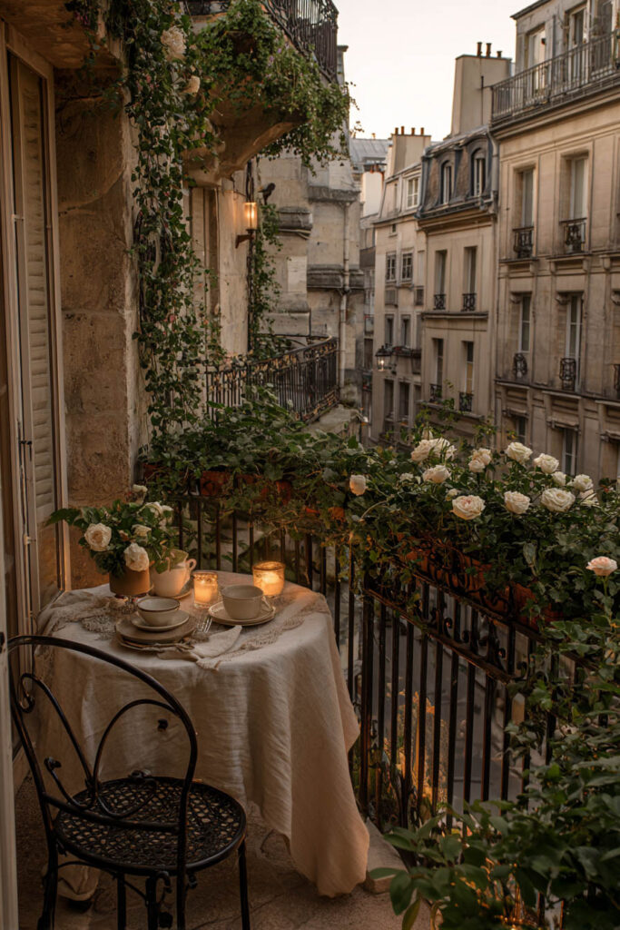 Parisian balcony dining setup with linen tablecloth, candlelight, white roses, wrought iron chair, and romantic city view.