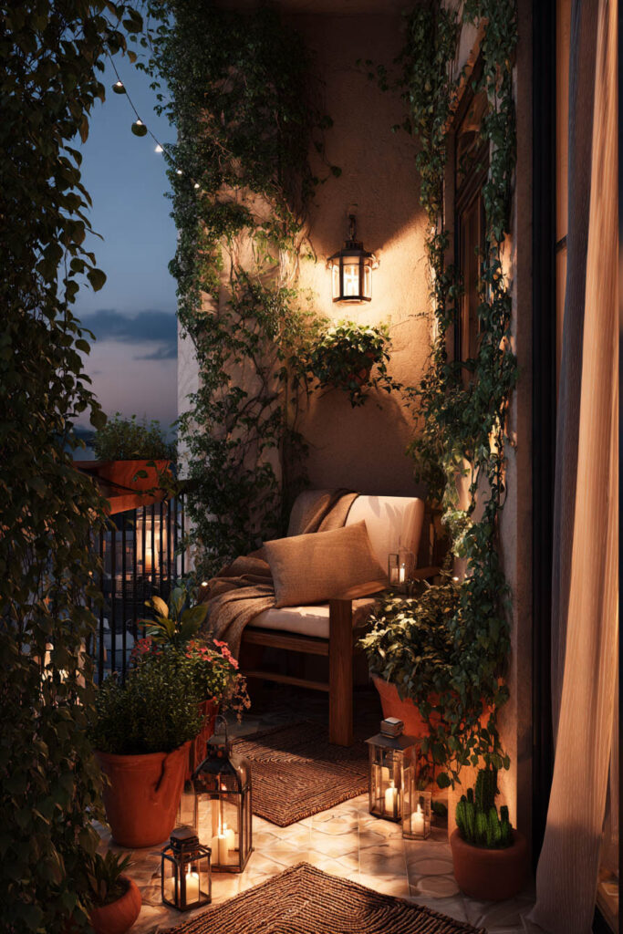 Private romantic balcony with climbing vines, lantern candlelight, cozy lounge chair, terracotta planters, and lush greenery creating a secluded retreat