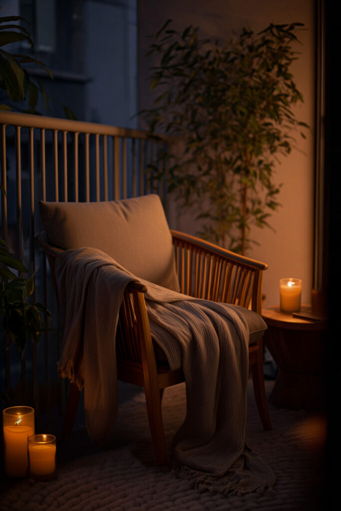 Romantic balcony chair with knit throw blanket, glowing candles, warm ambient lighting, neutral decor, and cozy outdoor seating at night.