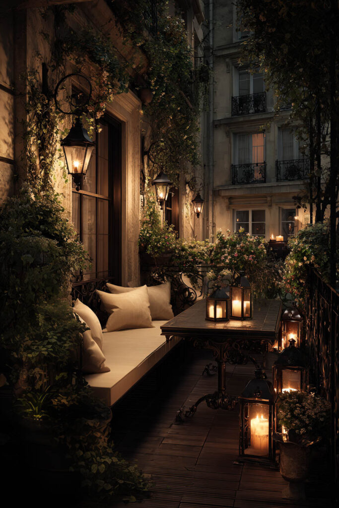 Romantic French balcony at night with lanterns, candlelight, climbing greenery, outdoor seating, and elegant Parisian apartment architecture
