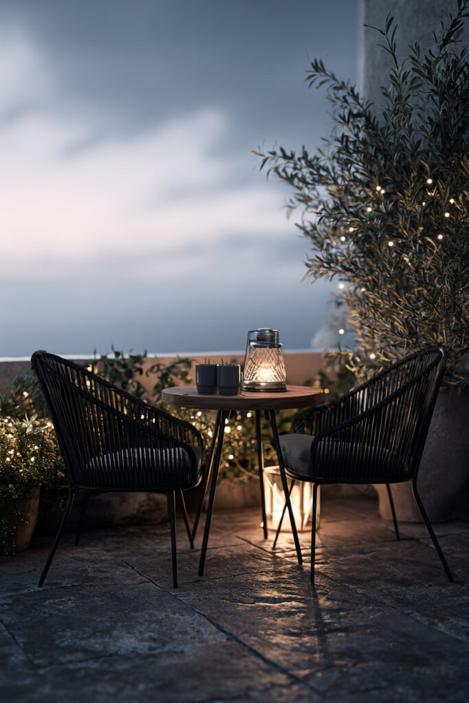 Romantic moody balcony at blue hour with café table, lantern lighting, outdoor seating, and warm dusk ambiance